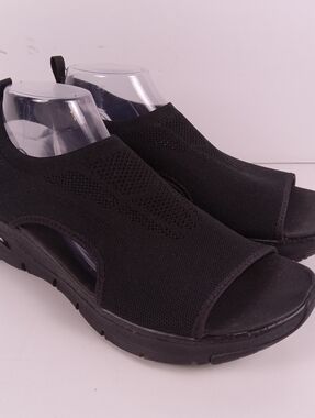 Skechers City Catch Sandals Womens 11 Black Slip-On Knit Peep-Toe Wedge Arch Fit
